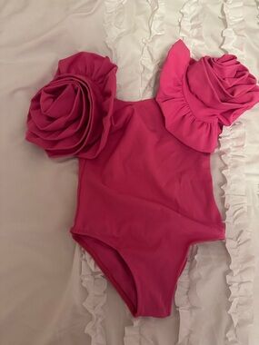 Girls Hot Pink One-Piece Swimsuit with Rosette Shoulders